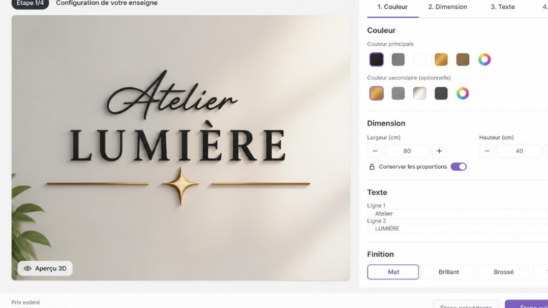 étape de configuration : couleur, dimension, texte, finition
