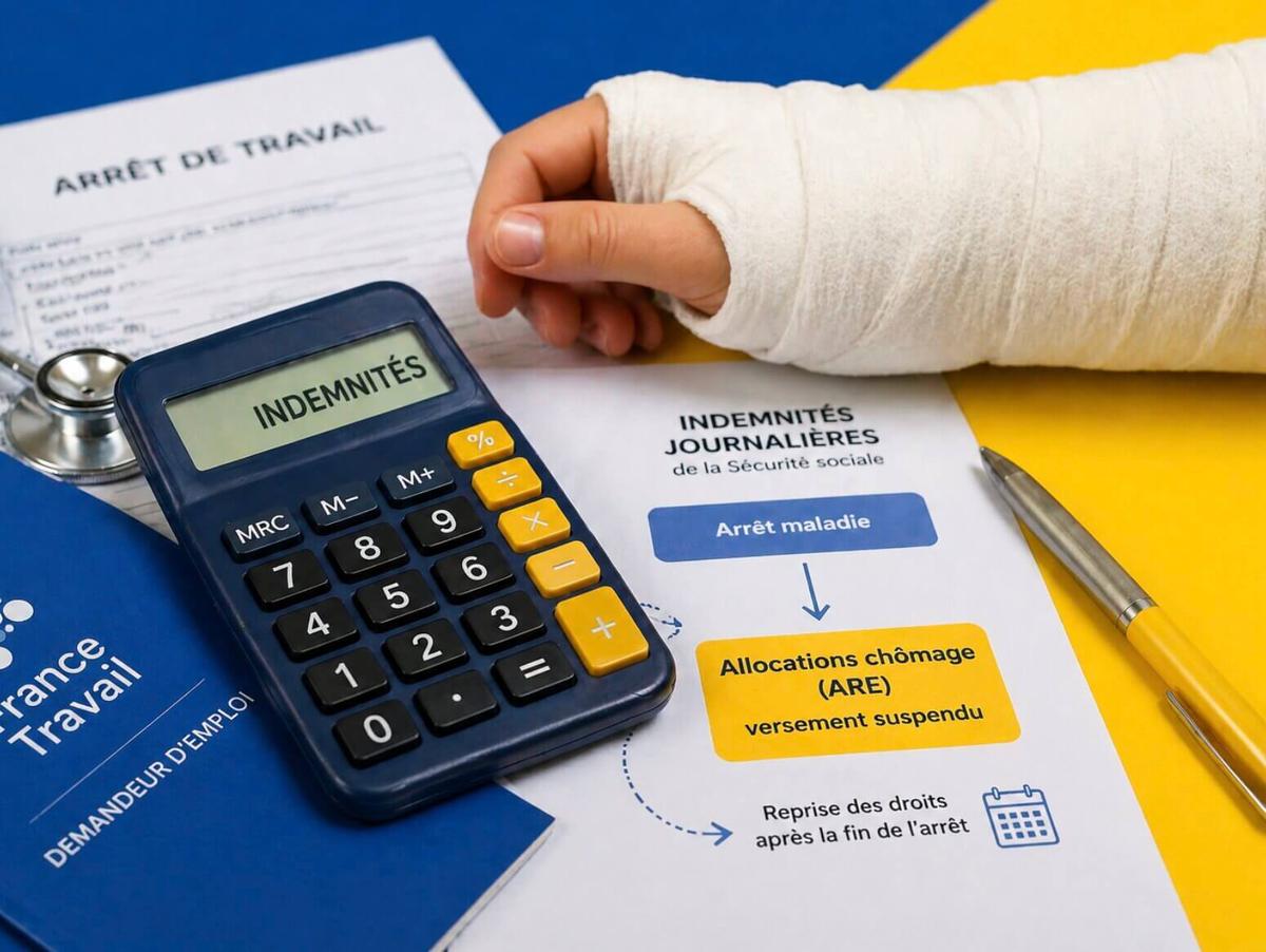 Feuille d'arrêt maladie posée sur un dossier de demandeur d'emploi, illustrant le lien entre chômage et arrêt maladie.