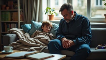 Parent restant auprès de son enfant malade à domicile