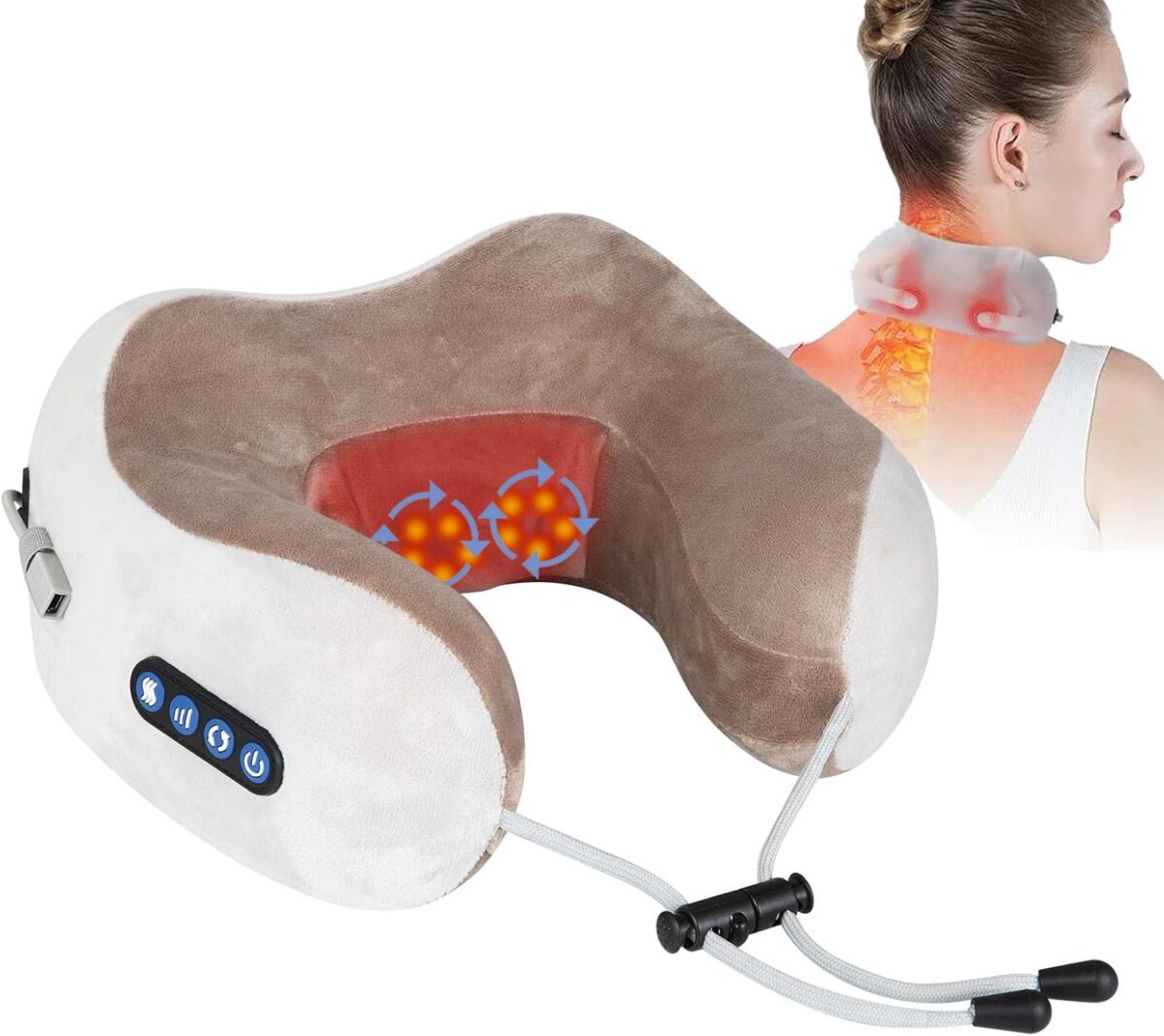 Appareil de massage cervical posé autour du cou, utilisé en position assise