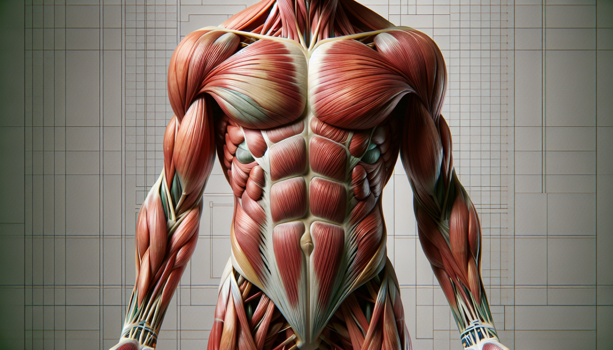 Muscle deltoïde, droit de l'abdomen, dorsaux, étiquetés, texture précise, éclairage doux.