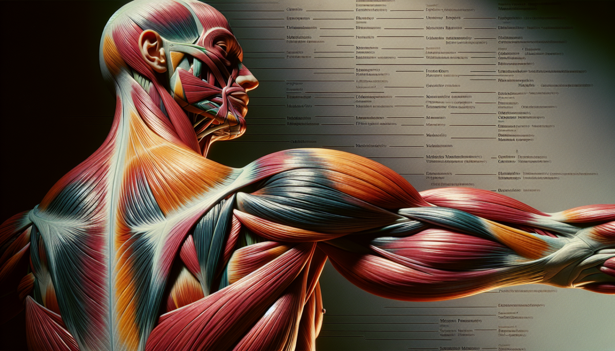Muscle en F, illustration anatomique détaillée avec étiquetage clair, couleurs vives et profondeur de champ.