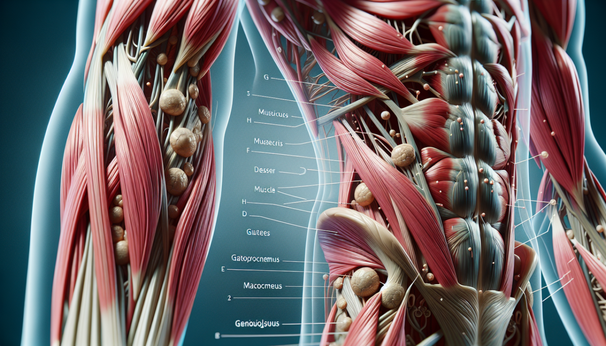 Muscle en G : Illustration anatomique détaillée des muscles Gluteus, Gastrocnemius et Genioglossus en résolution élevée.