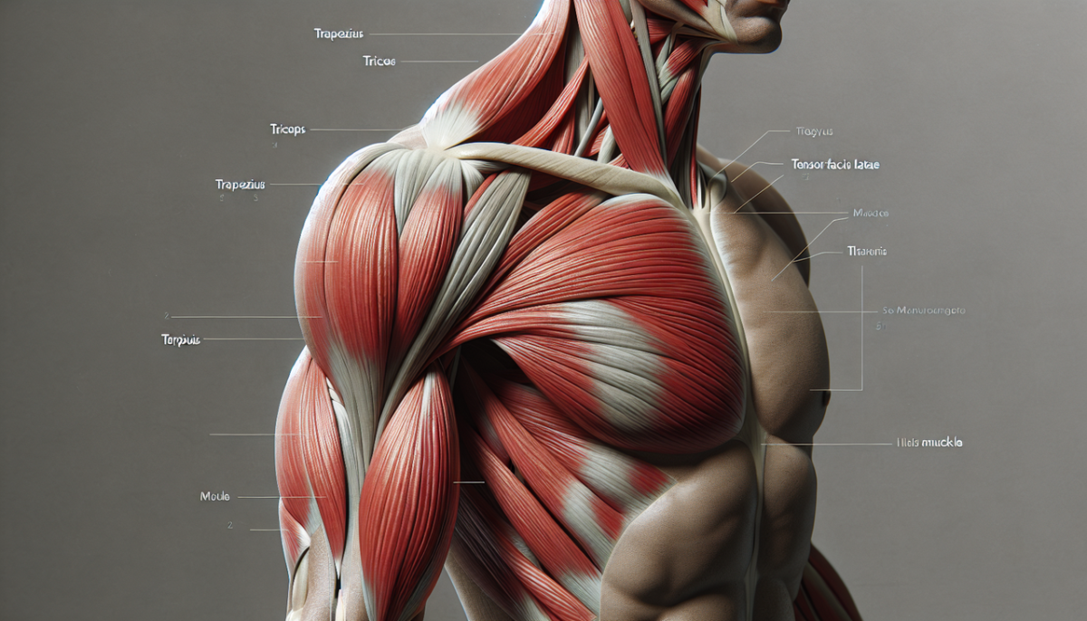 Illustration précise des muscles trapèze, triceps et tenseur du fascia lata, en détails anatomiques sur fond gris neutre.