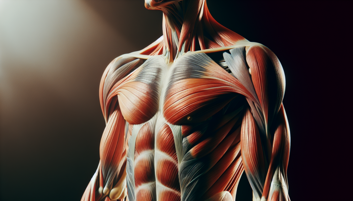 Schéma anatomique muscles en U, bras tendus, étiquetés, couleurs naturelles, haute résolution.